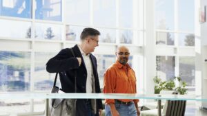 Employees walking into office