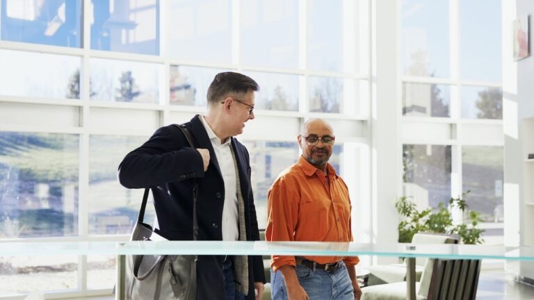 Employees walking into office
