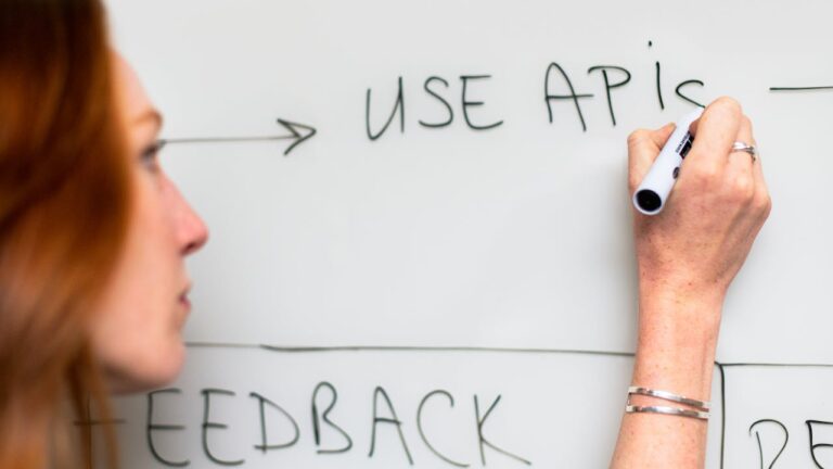 Woman explaining background check API with diagram