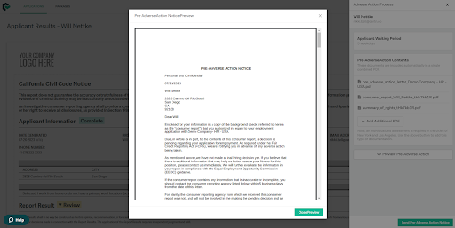 Adverse action notice letter