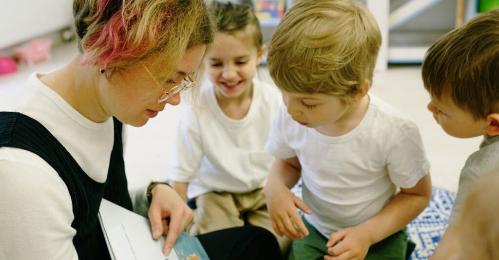 Educator with a teacher background check reading a book with students at school