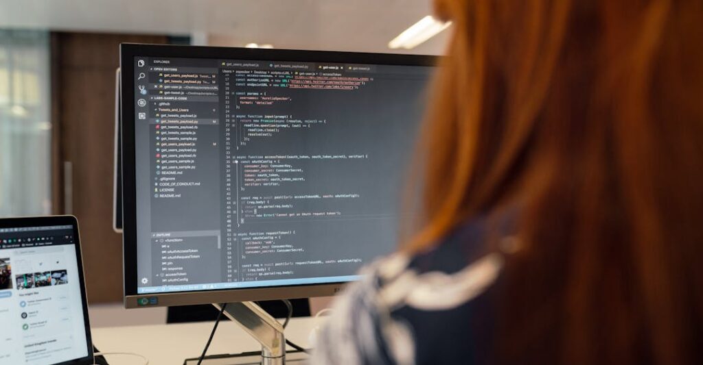 Female cybersecurity expert writing code on computer to demonstrate digital trust in background screening
